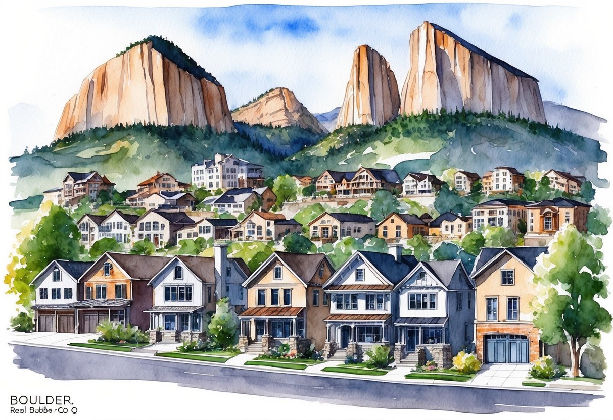 A picturesque mountain town with modern and historic homes nestled among towering rock formations, showcasing the diverse real estate options in Boulder, CO