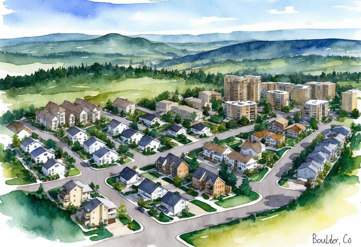 Aerial view of Boulder, CO with various property types: single-family homes, townhouses, and apartment buildings nestled in the scenic landscape