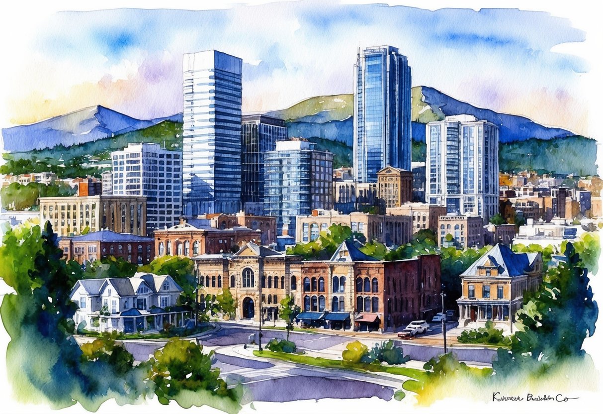 A bustling cityscape in Boulder, CO, with modern high-rise buildings and historic homes, surrounded by the stunning natural beauty of the Rocky Mountains