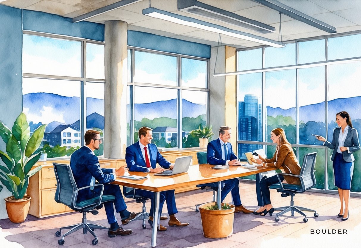 A bustling real estate office in Boulder, CO, with professionals discussing investment opportunities and flipping properties