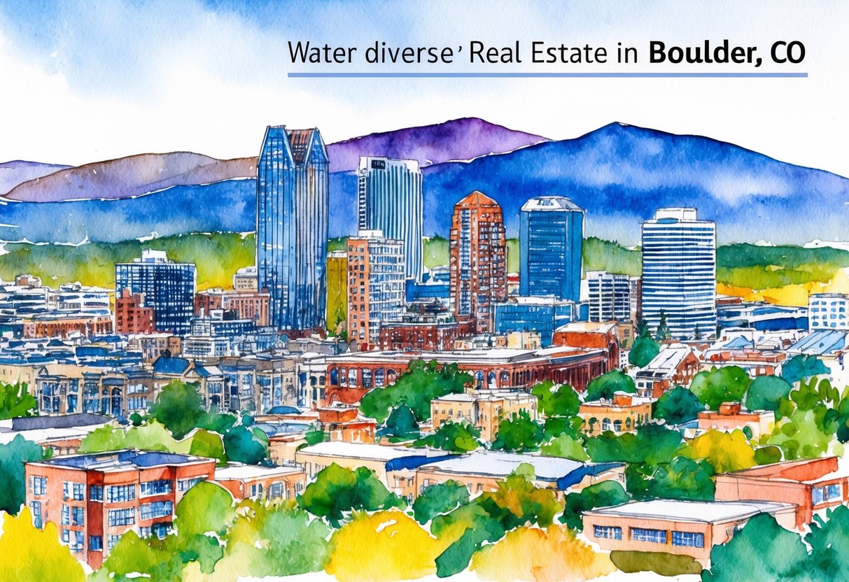 A vibrant cityscape with mountains in the background, showcasing the diverse real estate opportunities in Boulder, CO