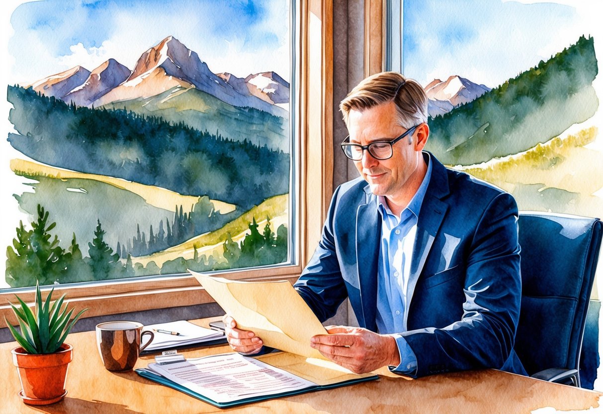 An investor reviewing paperwork in a cozy office with a view of the Rocky Mountains in Boulder, CO