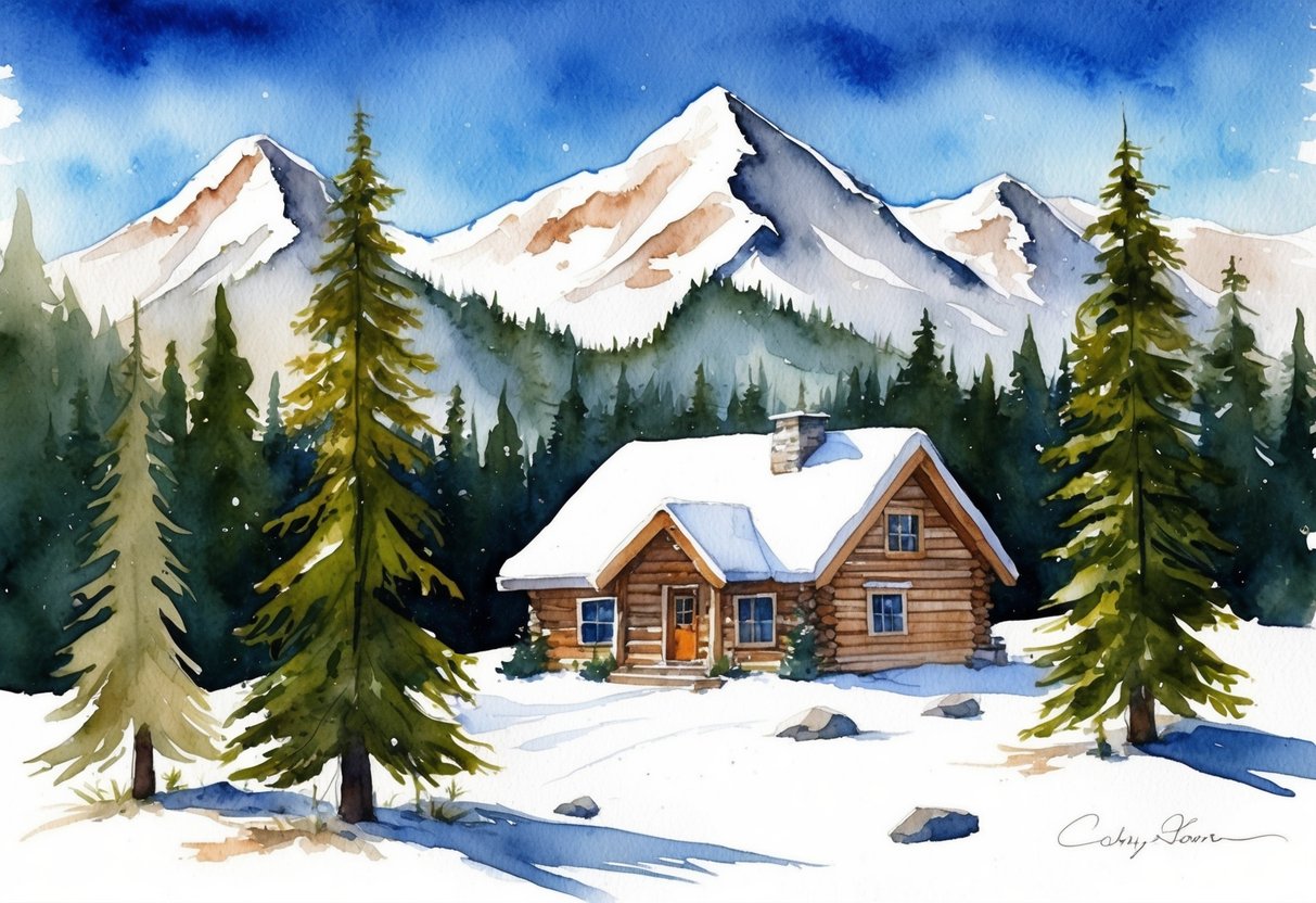 A cozy cabin nestled among snow-capped mountains, surrounded by pine trees and a clear blue sky