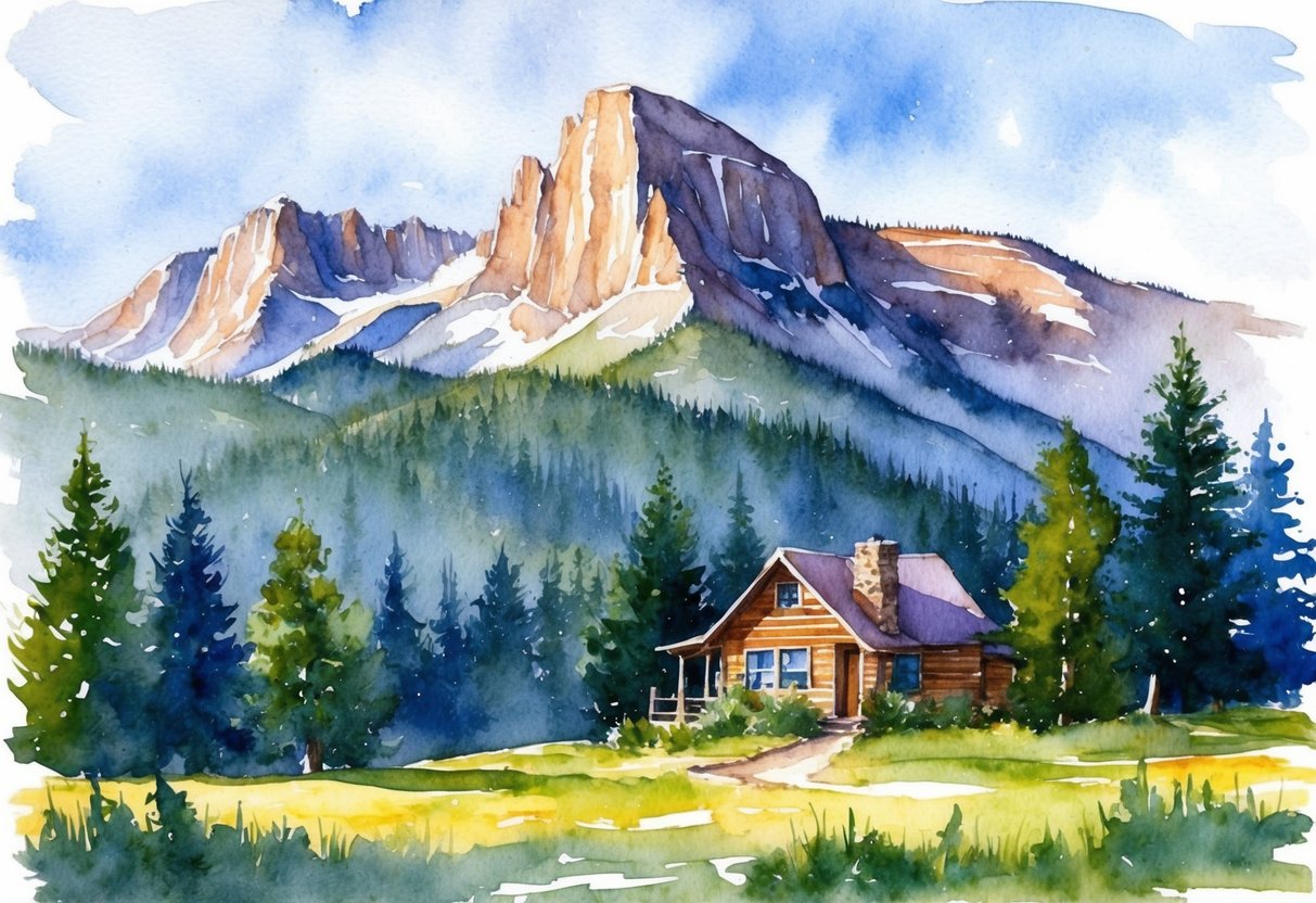 A majestic mountain range looms in the background, while a cozy cabin sits nestled among the trees in a picturesque Colorado landscape