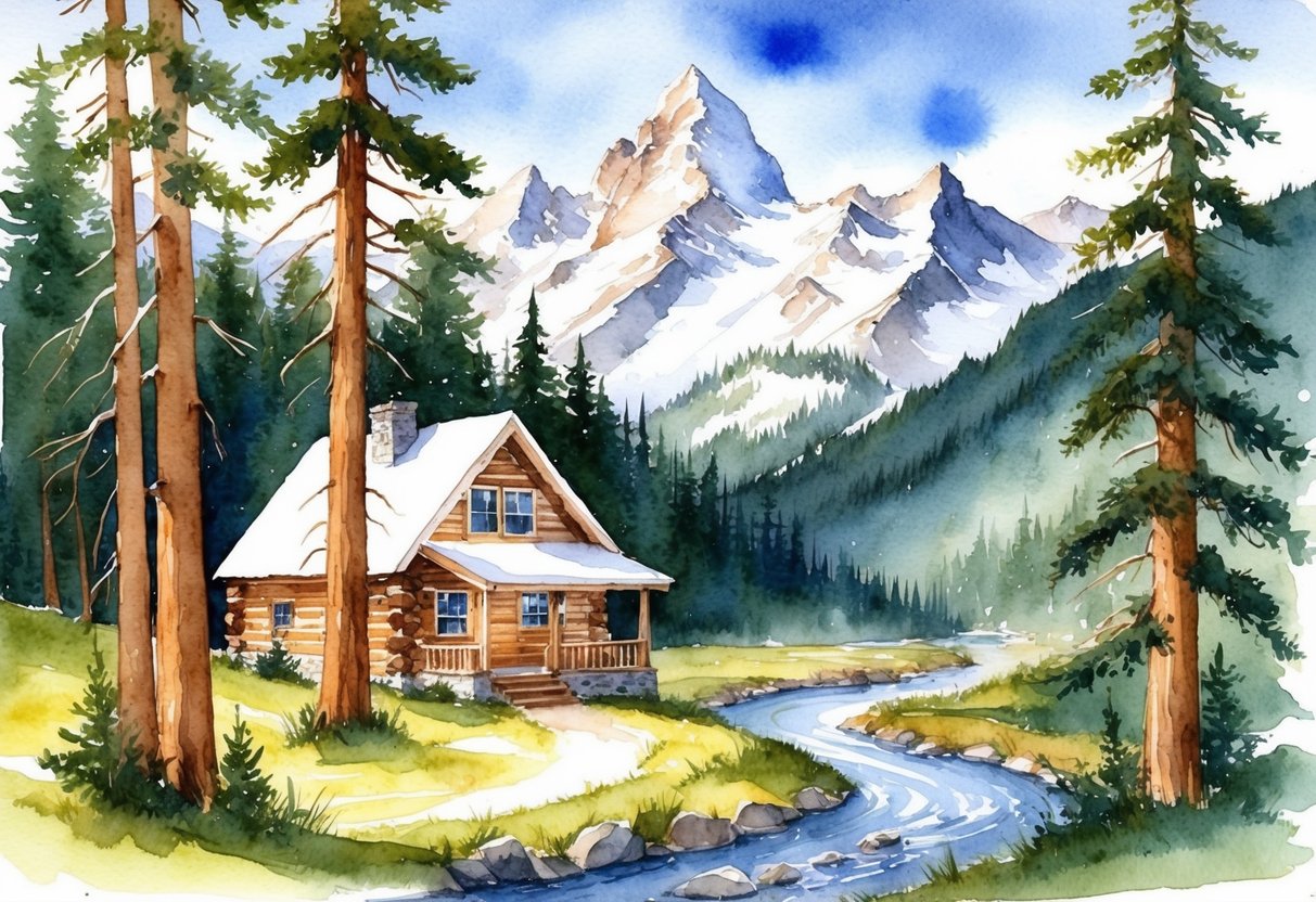 A cozy mountain cabin nestled among tall pine trees, with a clear view of snow-capped peaks and a winding river below