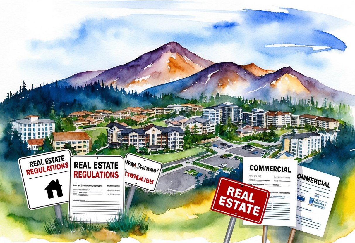 A mountain landscape with a mix of residential and commercial properties, surrounded by signs and documents symbolizing real estate regulations