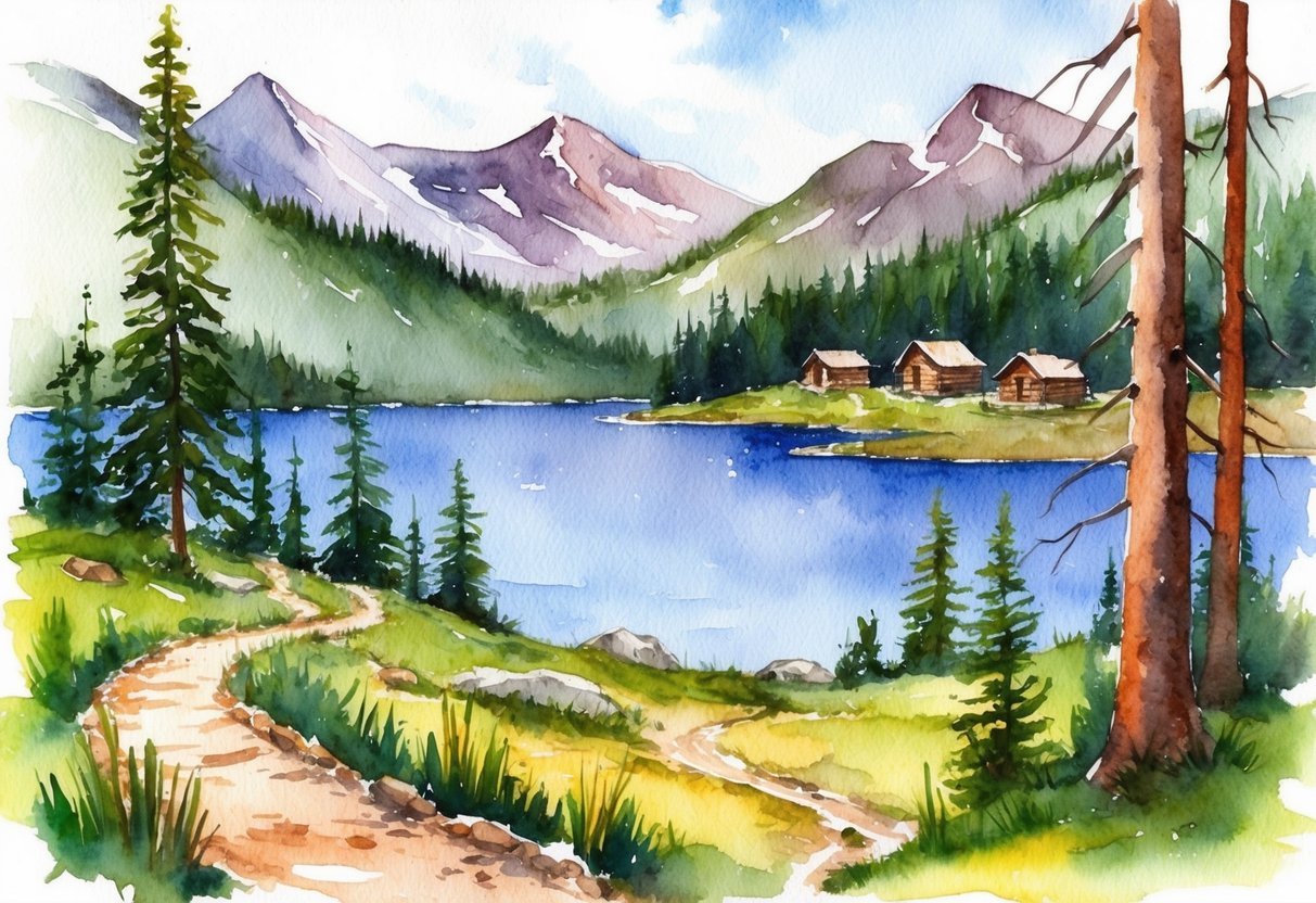A mountain landscape with hiking trails, a lake, and cabins nestled among the trees