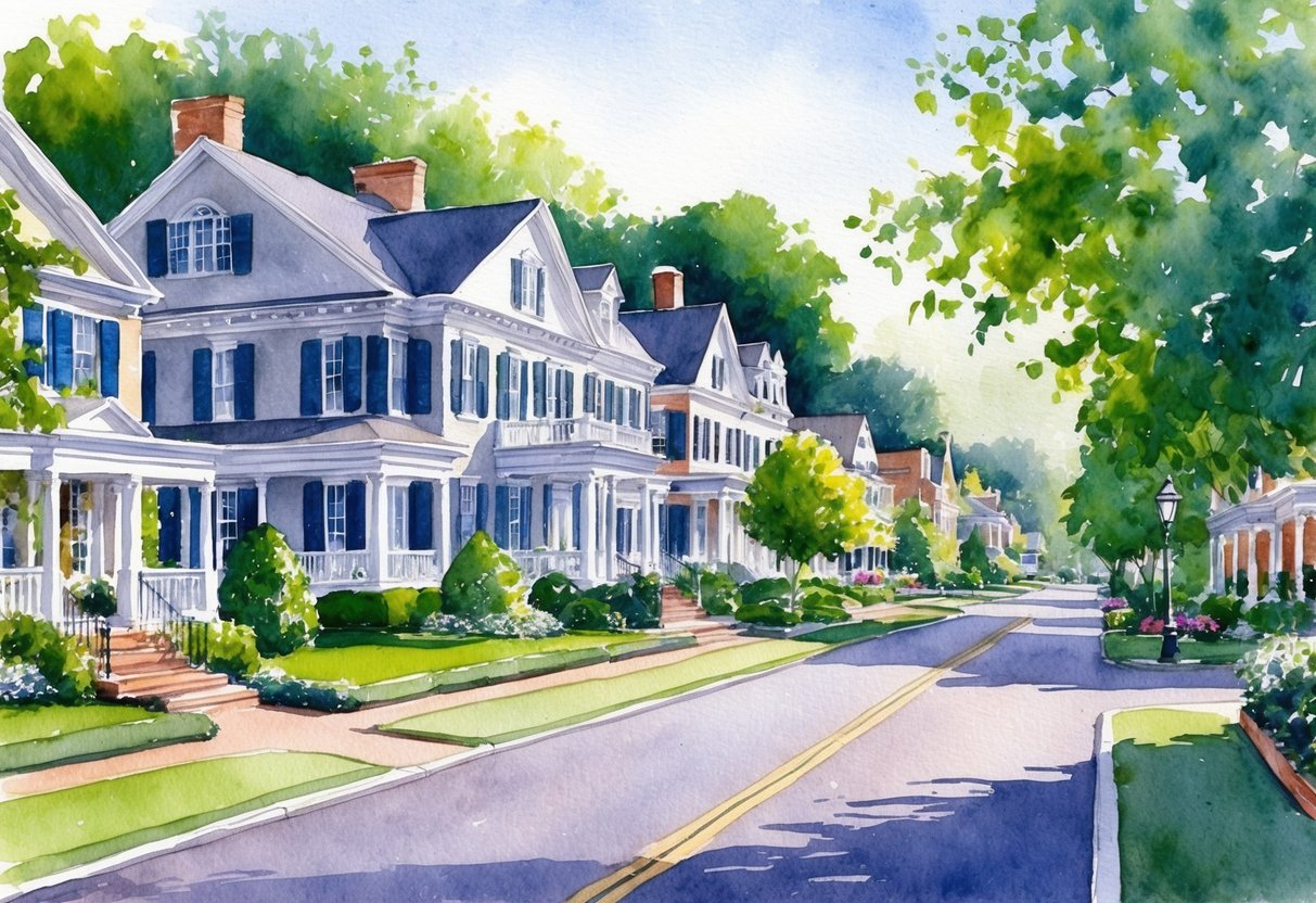 A picturesque street in Greenwich, CT lined with luxury homes and manicured lawns, with a backdrop of lush greenery and a serene atmosphere