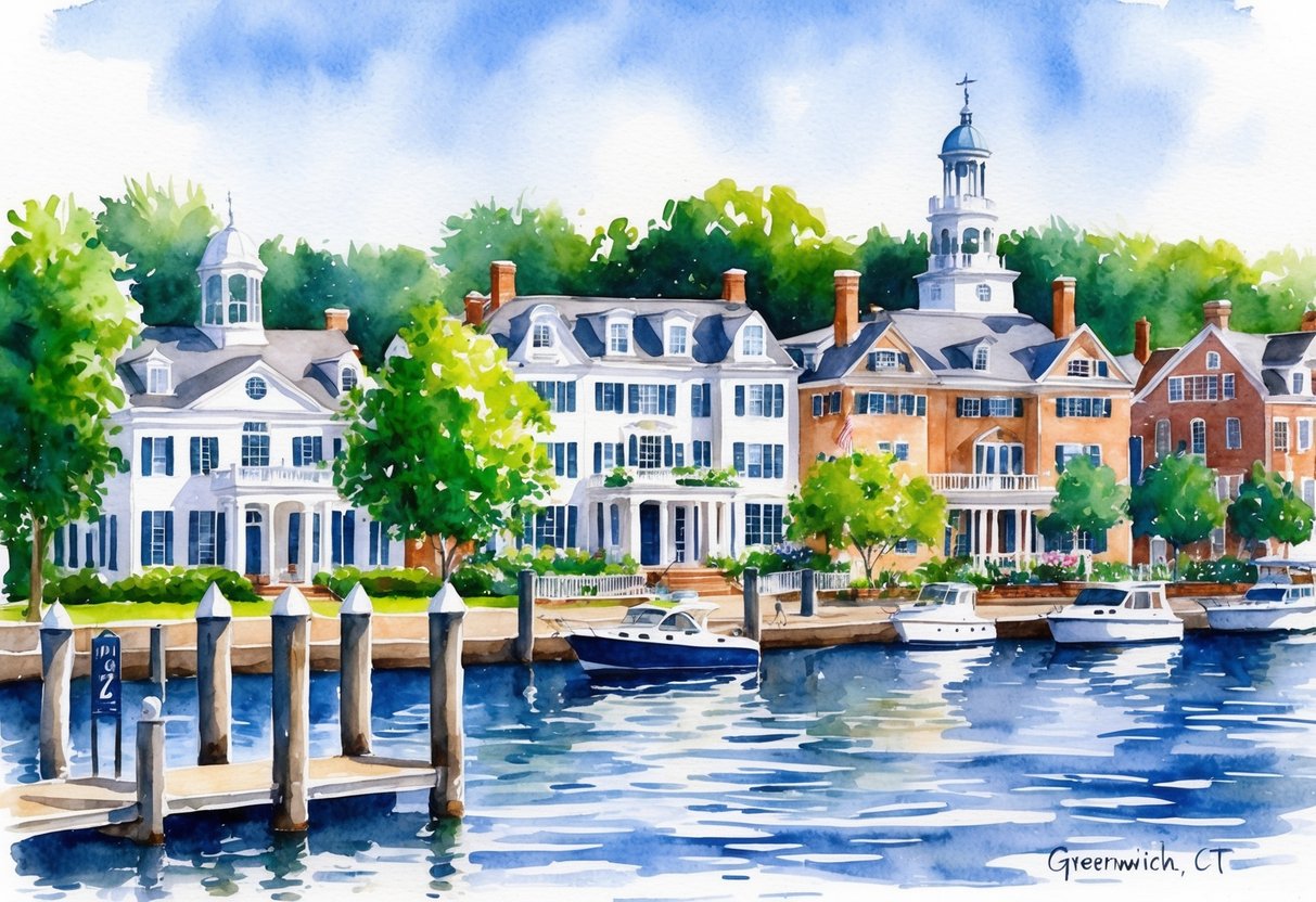 A picturesque waterfront in Greenwich, CT, with elegant homes, lush greenery, and a bustling real estate market