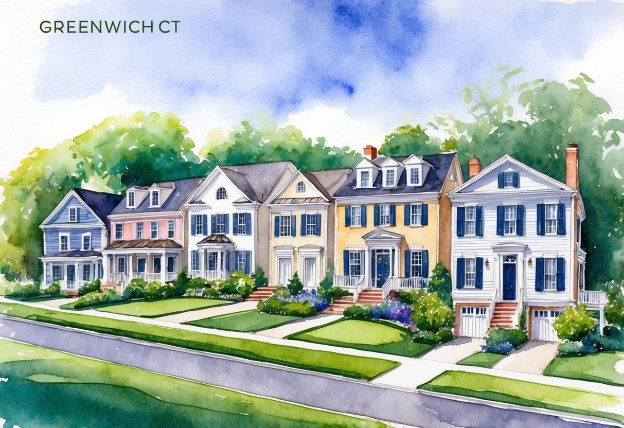 A row of diverse properties in Greenwich, CT, including single-family homes, townhouses, and luxury estates, set against a backdrop of lush greenery and manicured lawns