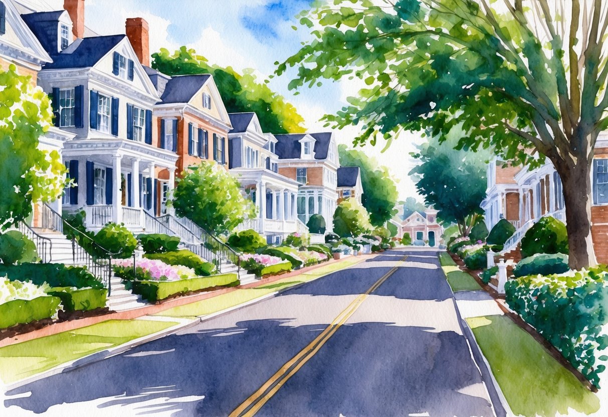 A picturesque street in Greenwich, CT lined with upscale homes and lush greenery, surrounded by a peaceful and affluent neighborhood
