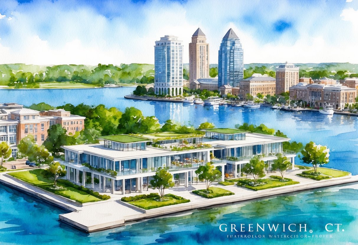 A picturesque waterfront property in Greenwich, CT, with a modern eco-friendly design and lush green landscaping, surrounded by upscale amenities and a bustling financial district