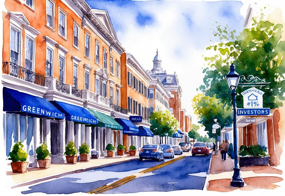 A bustling street in Greenwich, CT, with elegant buildings and real estate signs, as investors discuss market timing