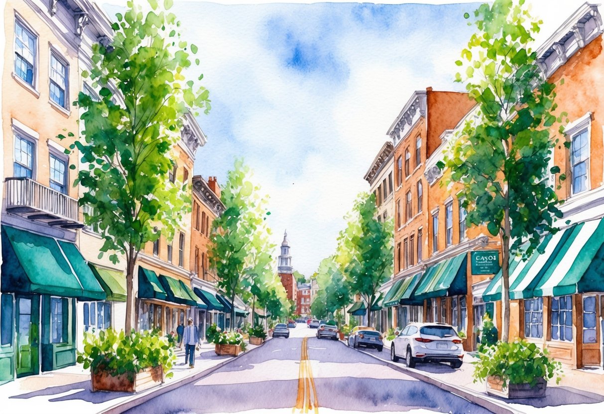 A bustling Greenwich street lined with eco-friendly buildings and lush greenery, showcasing sustainable real estate investment in the heart of Connecticut