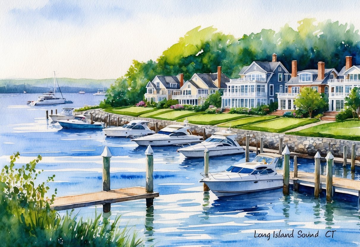 A picturesque waterfront scene in Long Island Sound, CT, with luxury homes and boats lining the shore, surrounded by lush greenery and a serene atmosphere