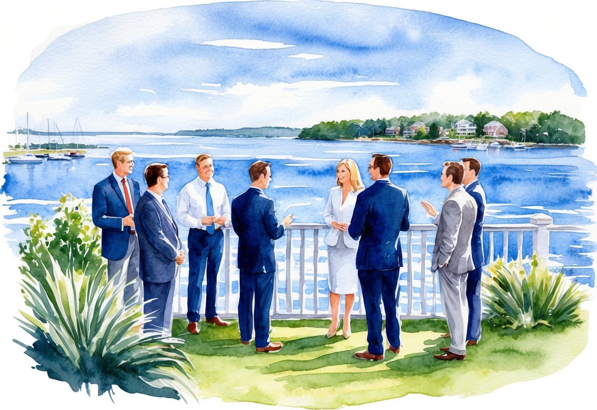 A group of real estate professionals discussing investment opportunities on a scenic waterfront property in Long Island Sound
