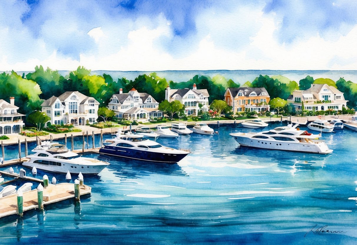 A serene waterfront with luxury homes, yachts, and a bustling marina, surrounded by lush greenery and clear blue waters of Long Island Sound