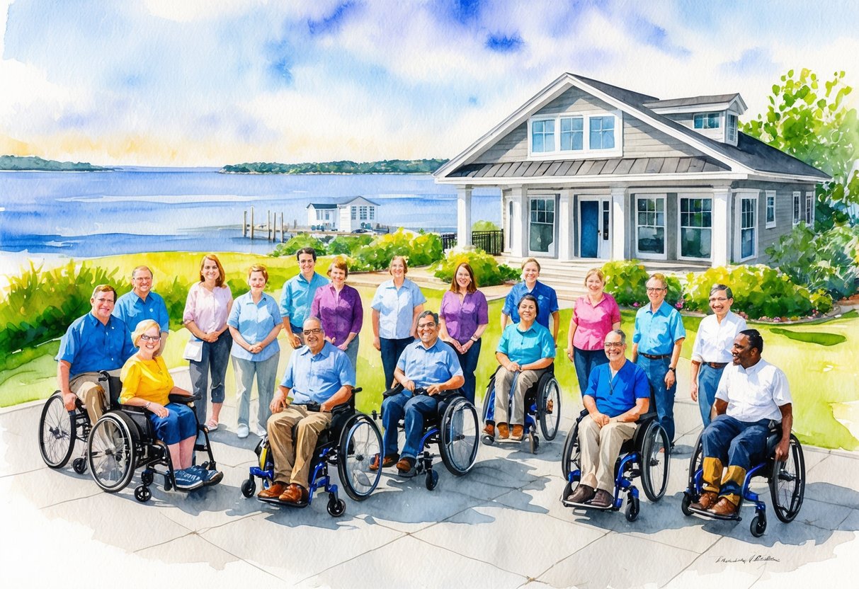 A diverse group of people with varying abilities gather in front of a modern, wheelchair-accessible real estate office overlooking the picturesque Long Island Sound in Connecticut