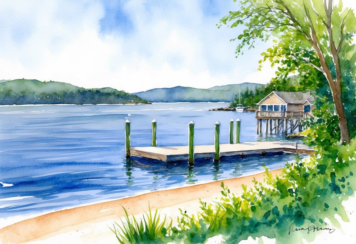 A waterfront property with a private dock and panoramic views of the sound. Lush greenery and a sandy beach complete the picturesque setting