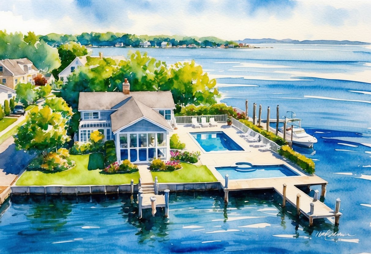 Aerial view of a waterfront property with a dock, swimming pool, and lush landscaping, overlooking Long Island Sound in CT