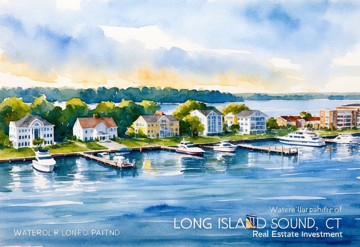A serene waterfront scene in Long Island Sound, CT, with a mix of residential and commercial properties, and a focus on real estate investment