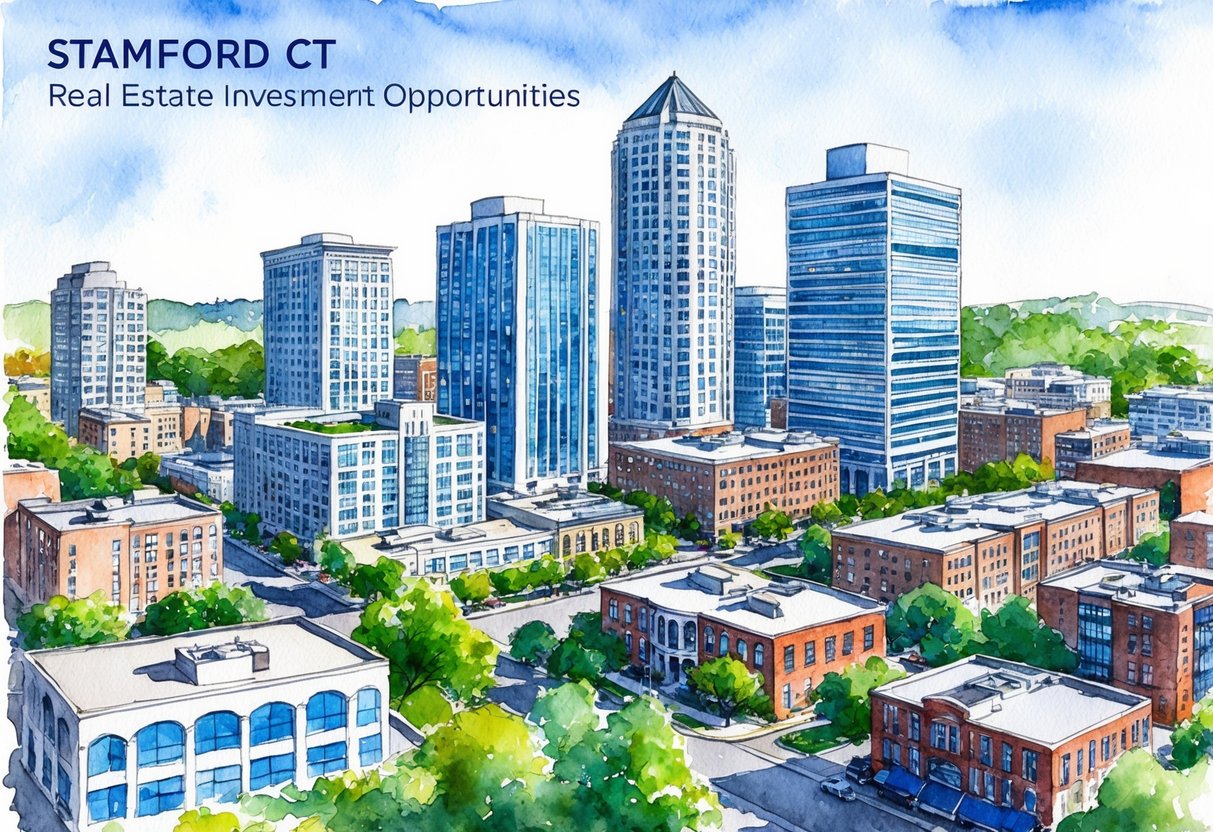 A bustling cityscape in Stamford, CT with tall office buildings and residential properties, showcasing the diverse real estate investment opportunities