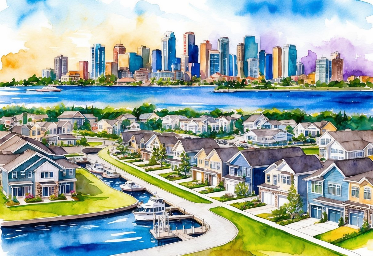 A suburban neighborhood with modern houses, a bustling downtown area, and a scenic waterfront, all set against the backdrop of a vibrant city skyline