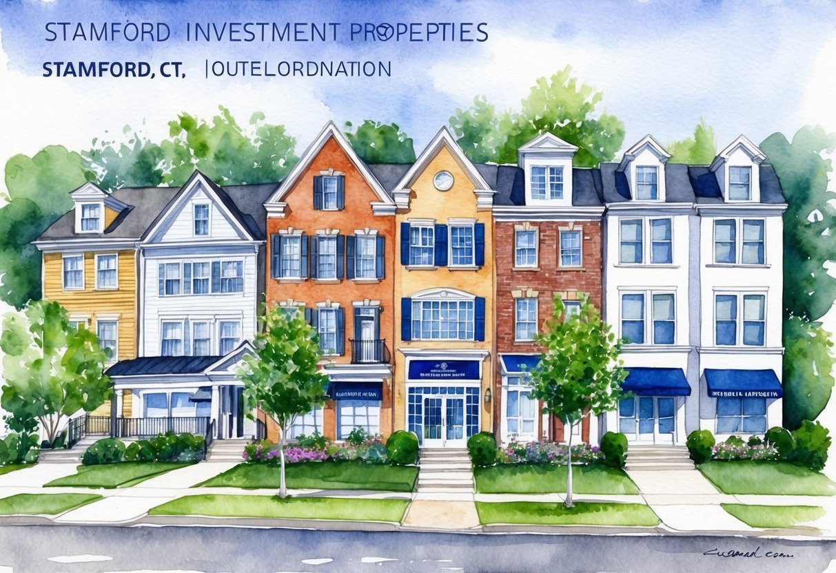 A row of diverse investment properties in Stamford, CT, including residential homes, commercial buildings, and multi-family units