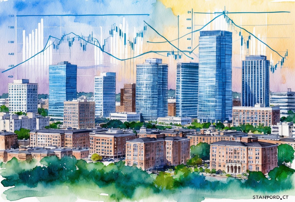 A bustling cityscape with tall office buildings and residential complexes in Stamford, CT, with financial charts and graphs overlaid on the skyline