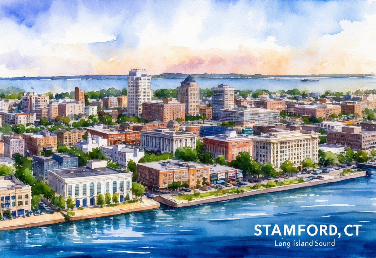 A bustling cityscape of Stamford, CT with diverse architecture and a mix of residential and commercial properties, set against the backdrop of the Long Island Sound