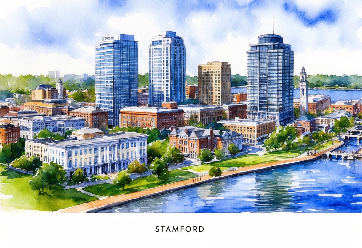 A bustling cityscape in Stamford, CT with a mix of modern high-rise buildings and historic architecture, surrounded by lush parks and waterfront views