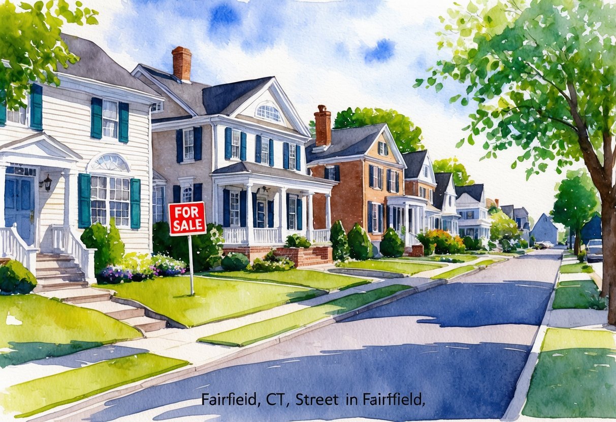 A sunny suburban street in Fairfield, CT, lined with well-maintained homes and manicured lawns, with a "For Sale" sign in front of a charming colonial-style house