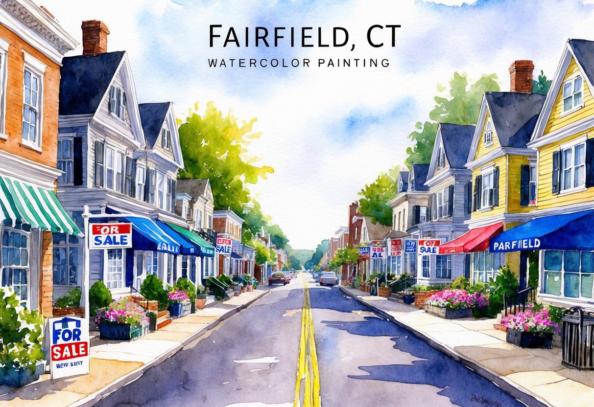 A bustling street in Fairfield, CT, lined with charming houses and busy real estate offices, with "For Sale" signs dotting the sidewalks