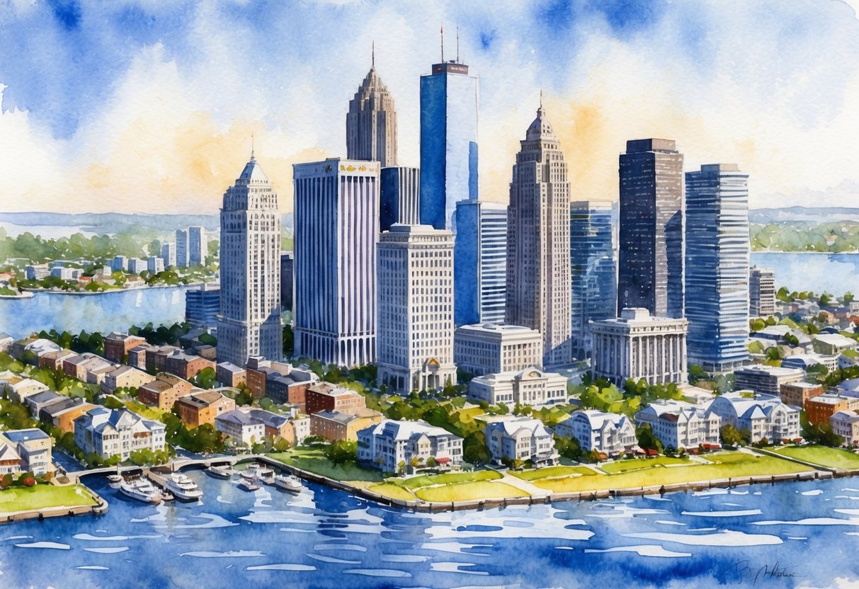 A bustling cityscape with skyscrapers and financial institutions, surrounded by suburban neighborhoods and waterfront properties