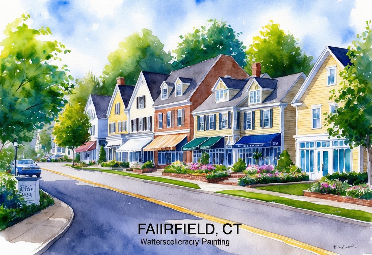 A picturesque streetscape in Fairfield, CT, showcasing a variety of residential and commercial properties, with lush greenery and a peaceful suburban atmosphere