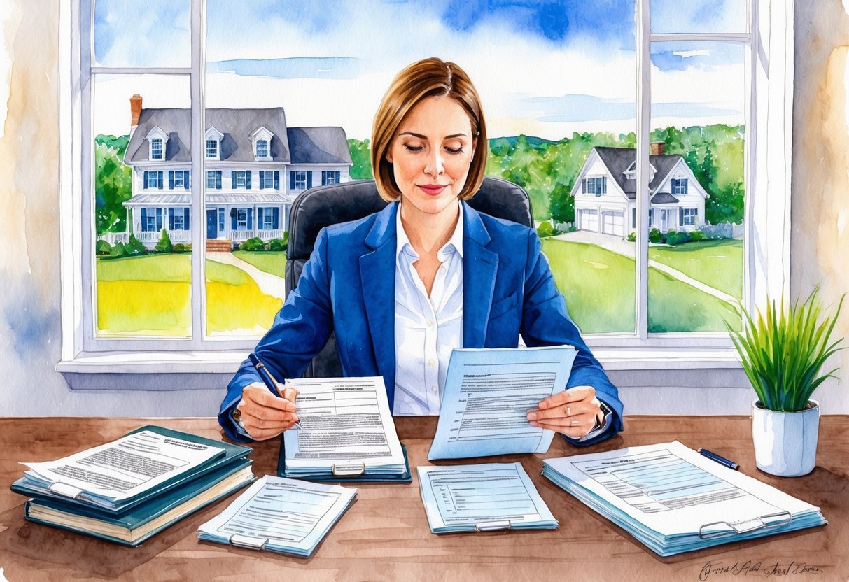 A person reviewing legal documents and tax forms at a desk in a home office with a view of Fairfield, CT real estate