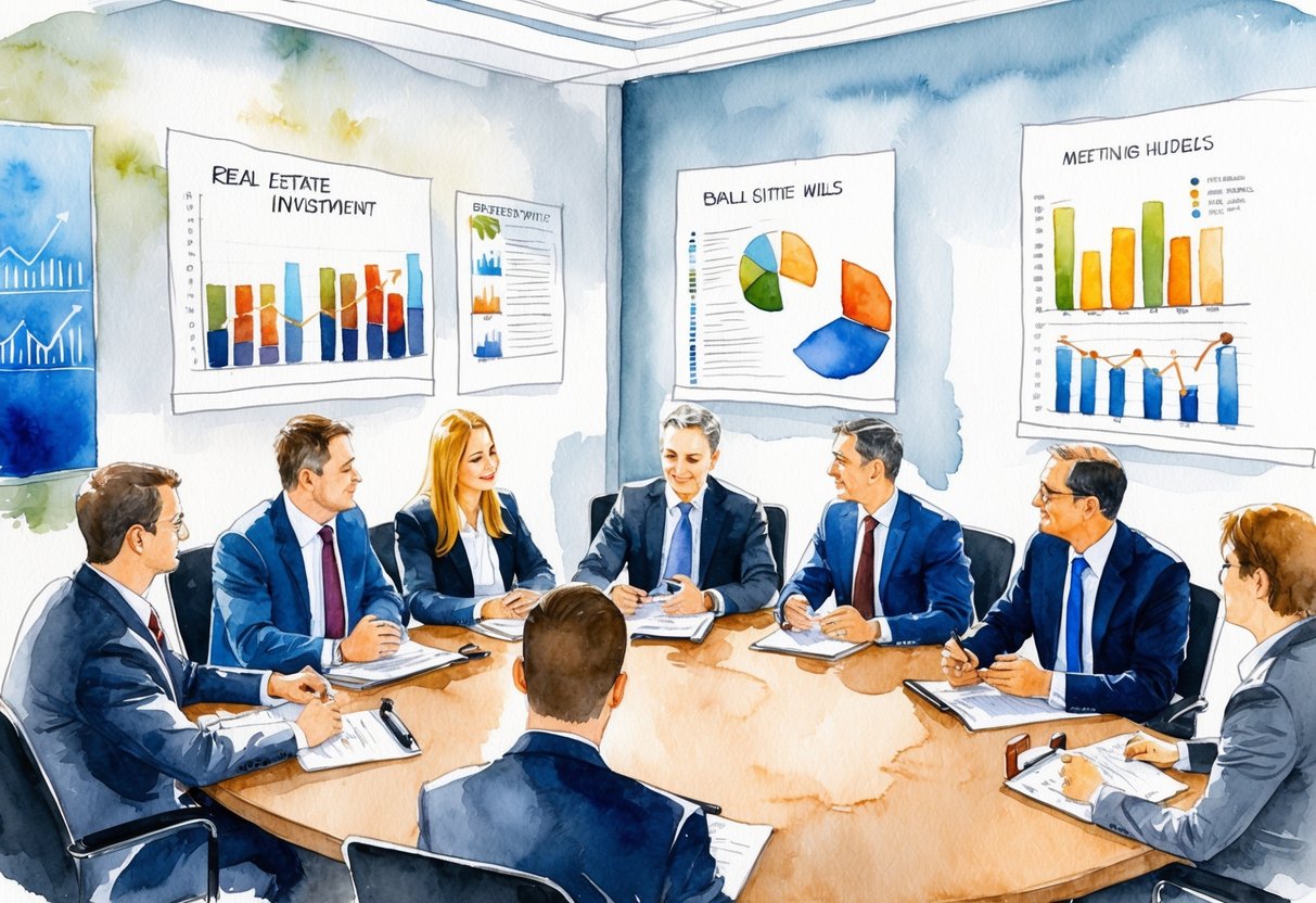 A group of people discussing real estate investment in a meeting room with charts and graphs on the walls