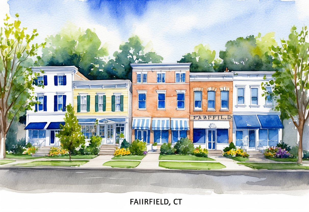 A row of diverse properties in Fairfield, CT, from single-family homes to commercial buildings, surrounded by trees and well-maintained landscapes