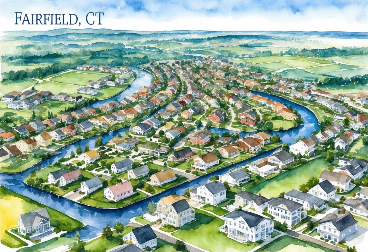 Aerial view of Fairfield, CT and its diverse neighborhoods, showcasing the variety of real estate options available for investment