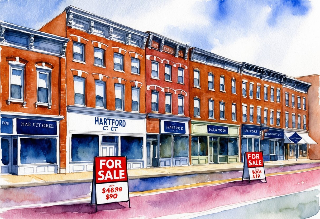 A row of historic brick buildings in downtown Hartford, CT, with "For Sale" signs displayed in front of them