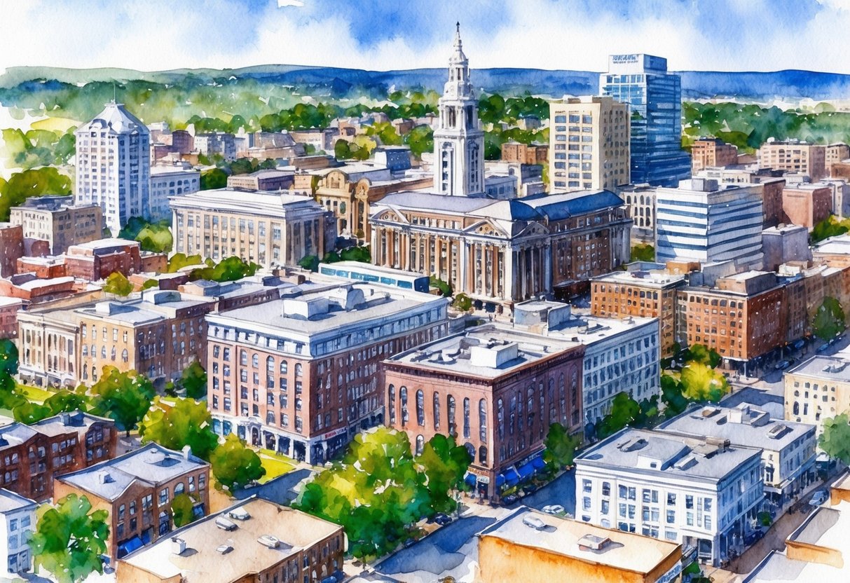 A bustling cityscape of Hartford, CT with iconic buildings and a mix of residential and commercial properties, showcasing the potential for real estate investment