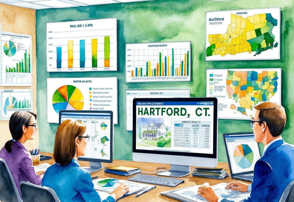 A busy office with charts, graphs, and maps on the walls. A computer screen displays real estate data for Hartford, CT