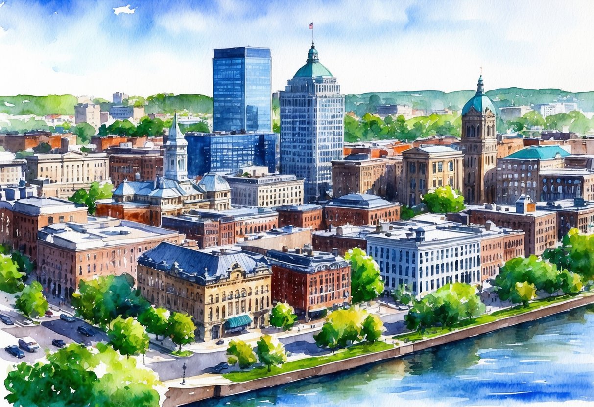 A bustling cityscape with a mix of historic and modern buildings, surrounded by greenery and a river, showcasing the potential for real estate investment in Hartford, CT