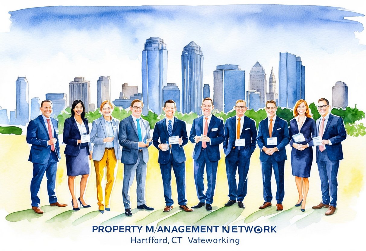 A group of professionals networking at a property management event in Hartford, CT. The skyline of the city is visible in the background