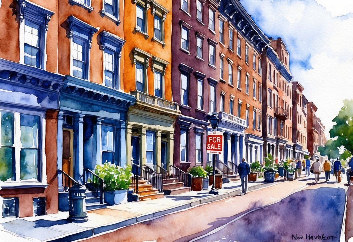 A row of historic brownstone buildings in New Haven, CT, with "For Sale" signs and bustling foot traffic on the sidewalk