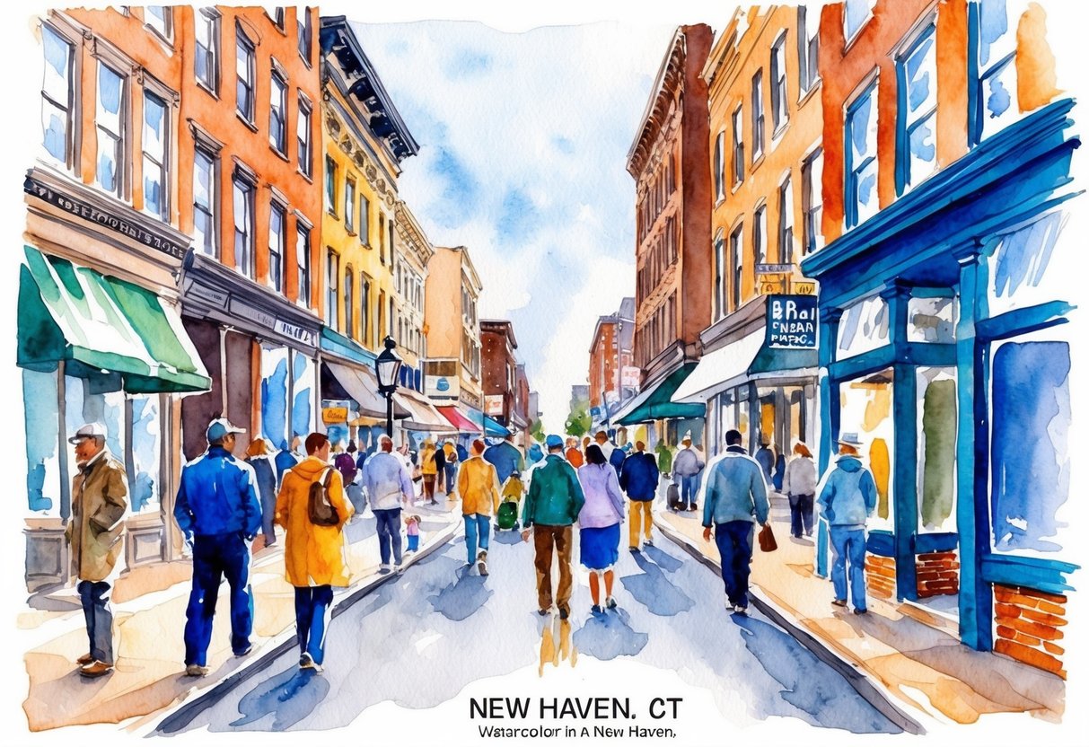 A bustling city street in New Haven, CT, with diverse individuals and various businesses, reflecting the diverse demographics and economic factors of the area
