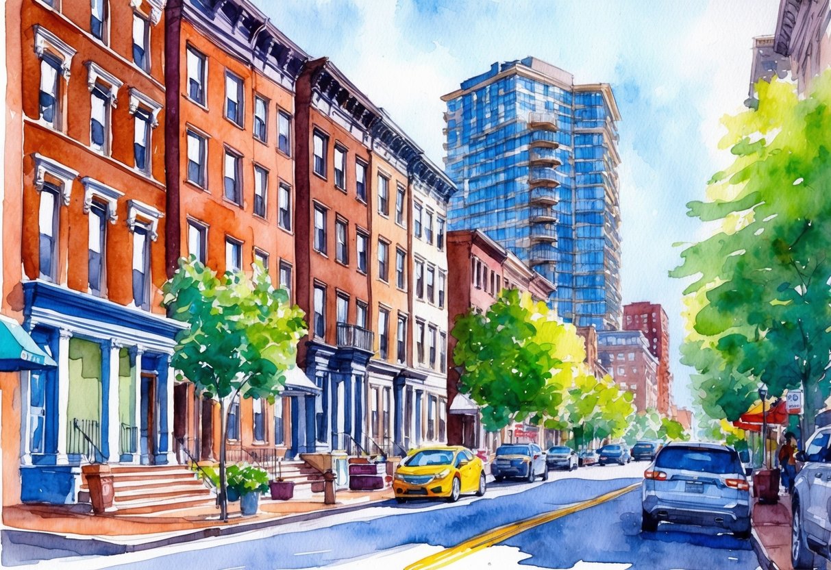 A bustling city street with a mix of historic brownstones and modern high-rise buildings, surrounded by vibrant neighborhoods in New Haven, CT