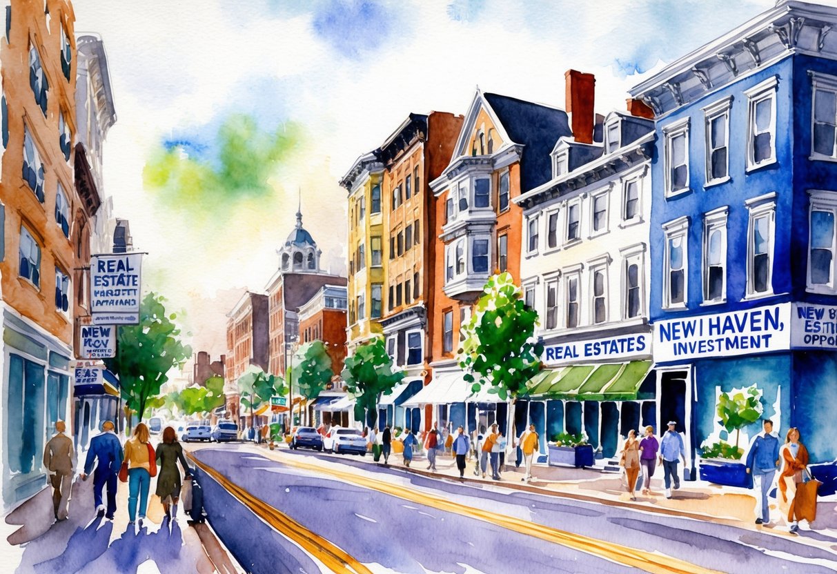 A bustling city street in New Haven, CT, with a mix of historic and modern buildings, people walking, and signs advertising real estate investment opportunities