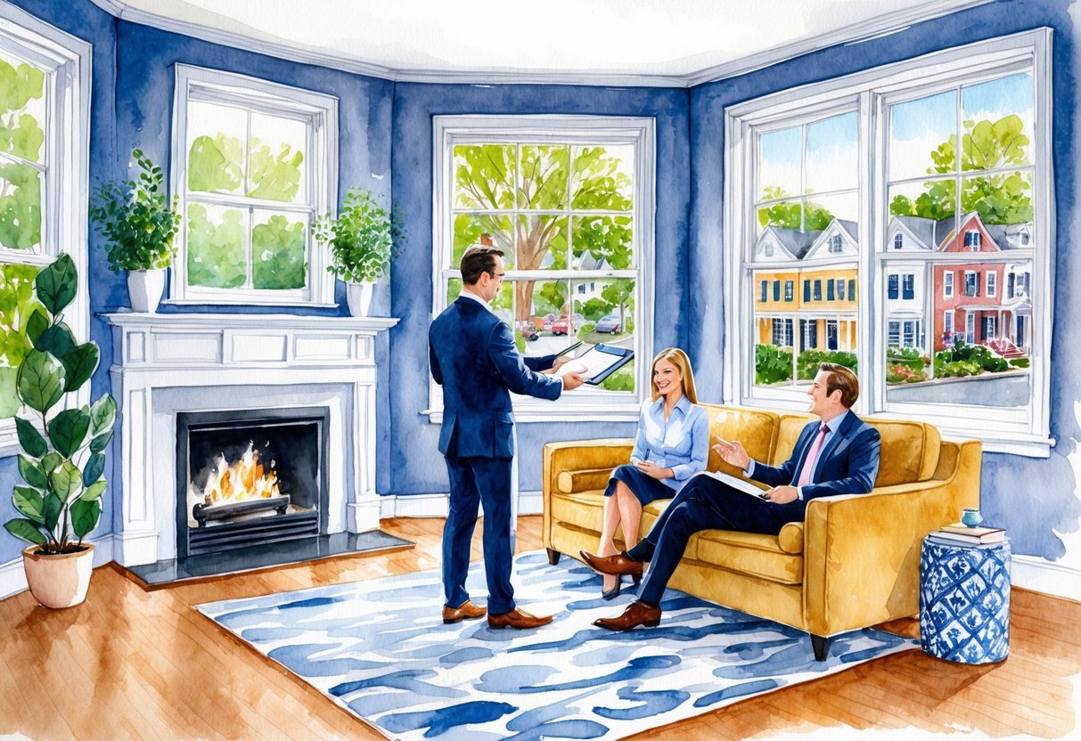 A real estate agent presenting offers to a couple in a cozy living room with a fireplace and large windows overlooking a tree-lined street in New Haven, CT