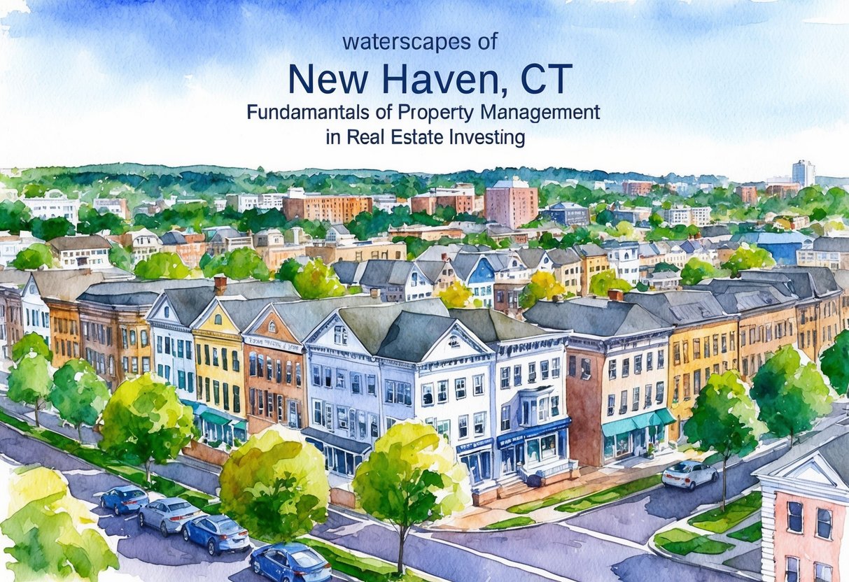 A cityscape of New Haven, CT with rows of residential buildings and commercial properties, showcasing the fundamentals of property management in real estate investing
